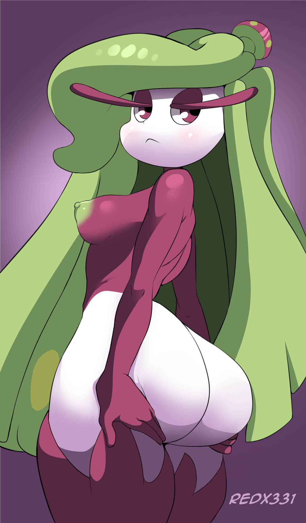 1girls ass ass_grab back big_ass bottom_heavy breasts eye_contact eyelashes green_hair green_skin half-closed_eyes hands_on_ass huge_ass looking_at_viewer nintendo pokemon pokemon_sm pose purple_eyes red_skin redx331 small_breasts standing text thick_thighs tsareena watermark white_skin wide_hips