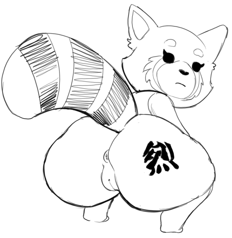 aggressive_retsuko ailurid anthro anus ass big_butt crouching female fur looking_at_viewer looking_back mammal monochrome necrolepsy nipples nude presenting presenting_hindquarters pussy red_panda retsuko sanrio shortstack simple_background smooth_skin solo thick_thighs white_background wide_hips