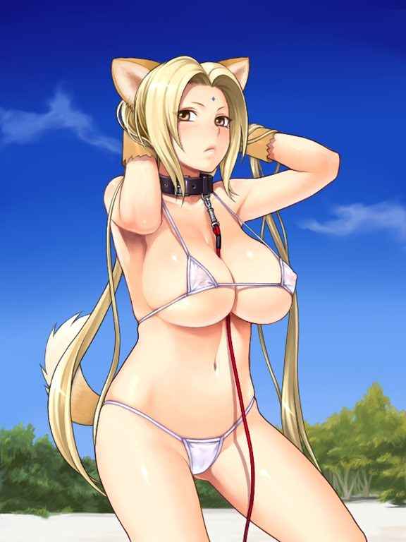 1girls, arms behind head, beach, big breasts, bikini, bikini aside, bikini top, blonde hair, blush, breasts, brown eyes, busty, cleavage, collar, female, female only, forehead jewel, fox ears, fox tail, gloves, human, large breasts, leash, leash and collar, leash between breasts, legs, mature, mature female, micro bikini, naruto, naruto (series), naruto shippuden, outdoors, outside, panties, revealing clothes, solo, swimsuit, thighs, tree, trees, tsunade, white bikini, white panties, white swimsuit, yuzuriha (active homing)