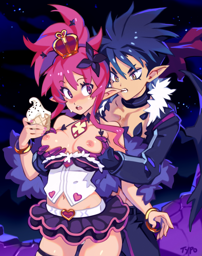 1boy 1girls areolae blue_hair breasts clothing demon disgaea disgaea_5 female groping hair killia_(disgaea) male nipples optionaltypo pink_hair pointy_ears seraphina_(disgaea) video_games