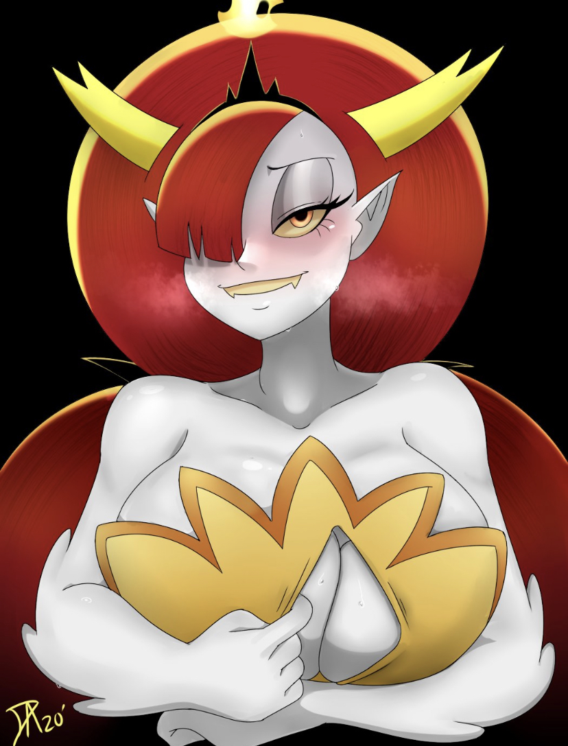 1girls blush breasts cleavage clothing crown dalley_le_alpha demon demon_girl demon_horns disney disney_channel disney_xd dress eyelashes fangs female female_only fire flame hair hair_over_one_eye half-closed_eyes hekapoo horns humanoid large_breasts long_hair looking_at_viewer open_clothes orange_eyes paizuri_invitation pointy_ears red_hair seductive seductive_smile sharp_teeth signature smile solo solo_female star_vs_the_forces_of_evil sweat teeth white_skin yellow_dress yellow_sclera