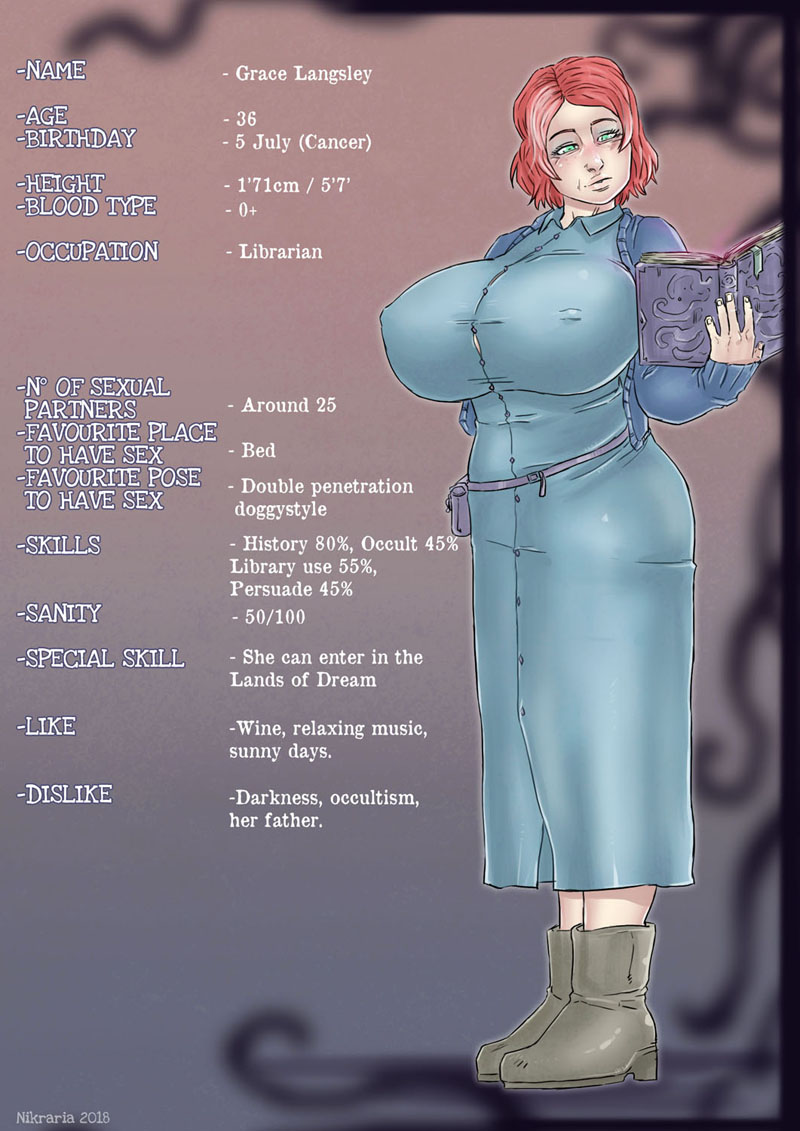 bare_arms bare_shoulders big_breasts book busty character_profile character_sheet clothed cthulhu_mythos female female_focus female_only full_body grace_(nikraria) green_eyes hat large_breasts necronomicon nikraria red_hair short_hair solo