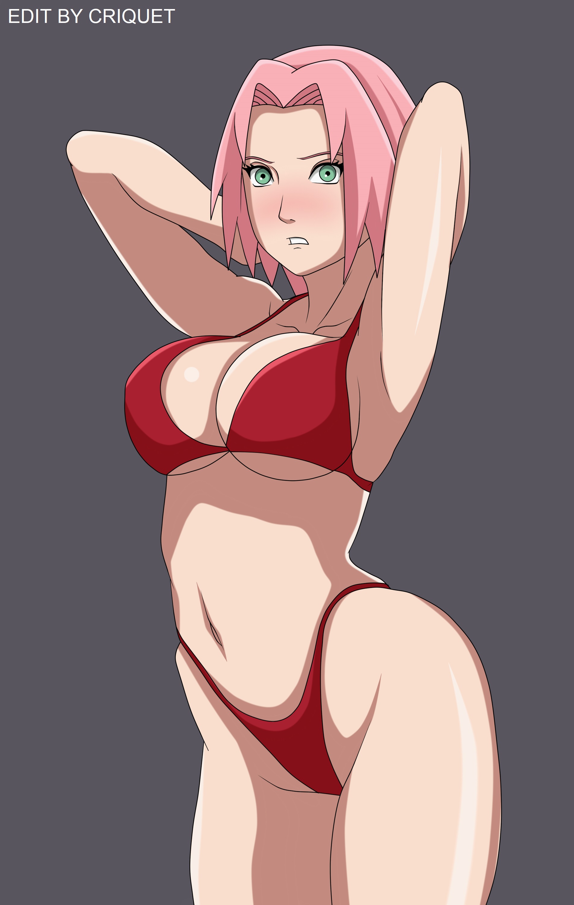 1girls, bikini, breasts, criquet, edit, female, female only, green eyes, hand on head, looking at viewer, naruto, naruto (series), naruto shippuden, pink hair, red bikini, sakura haruno, short hair, shounen jump, simple background, solo, thick legs, white skin