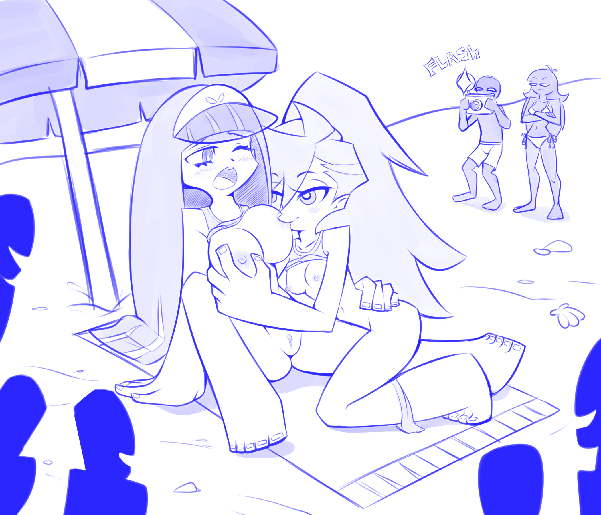 2girls, angel, areolae, beach, beach towel, beach umbrella, blonde hair, blue eyes, breast sucking, breasts, casual, crowd, female, fondling, humanoid, incest, long hair, multiple females, multiple girls, nipples, outdoors, pale skin, panty & stocking with garterbelt, panty anarchy, public, pussy, siblings, sister, sisters, stocking anarchy, yuri