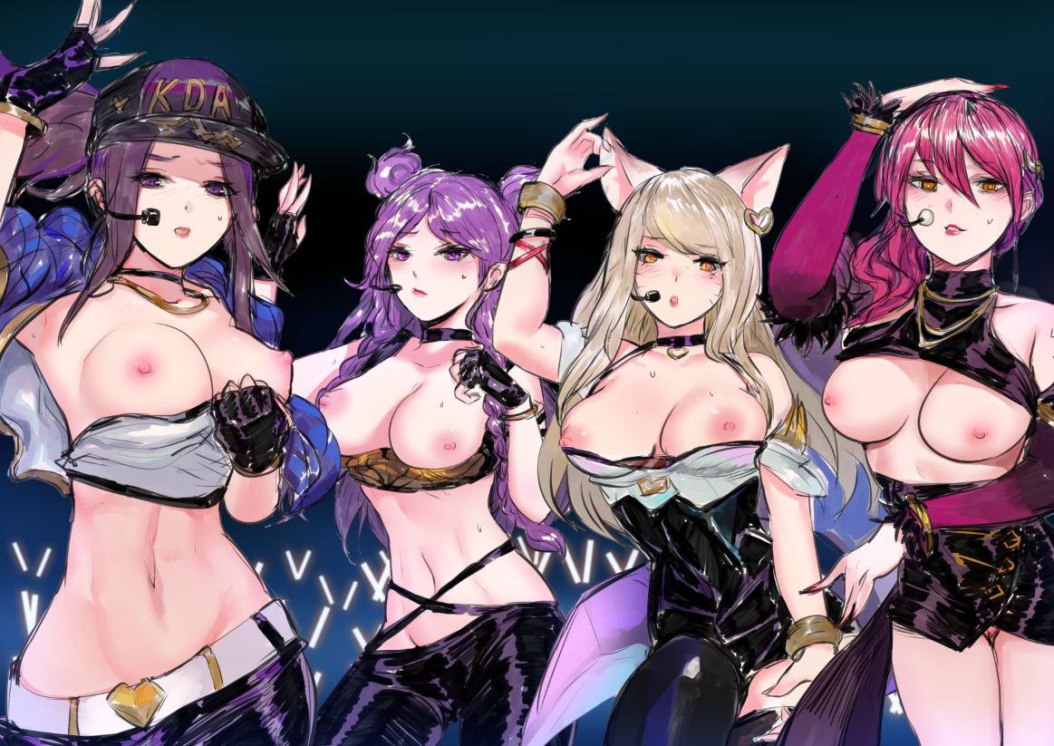 4girls, ahri, akali, evelynn, female, female only, k/da ahri, k/da akali, k/da evelynn, k/da kai'sa, k/da series, kai'sa, league of legends, multiple females, multiple girls, pd, strapless, strapless leotard, strapless top, strapless topwear, topless, tubetop