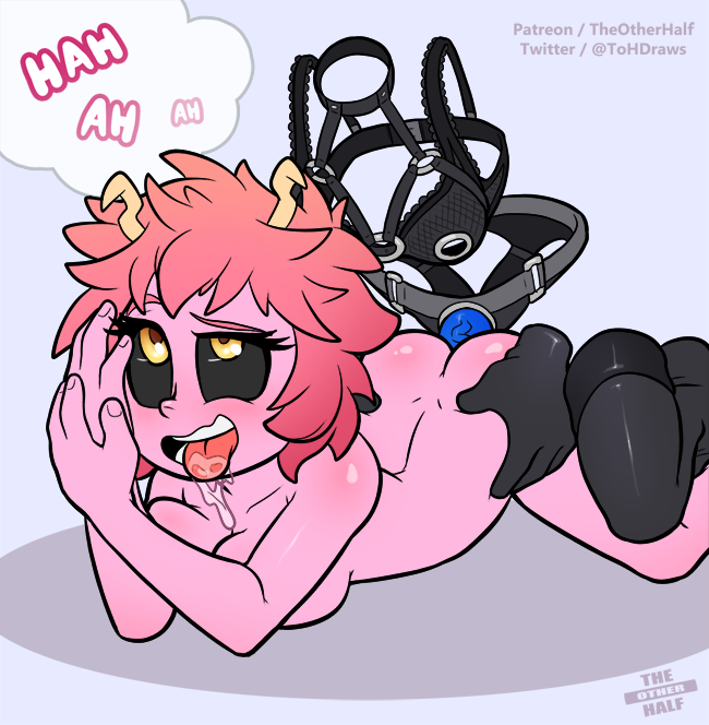 2girls, anal, anal sex, anime, artist name, ass, bondage outfit, breasts, dildo, duo, female, female only, from behind, hagakure tooru (invisible), hair, invisible, looking pleasured, mina ashido, multiple females, multiple girls, my hero academia, nude, penetration, pink hair, pink skin, sex toy, strap-on, strapon, the other half, thighhighs, tongue, tongue out, tooru hagakure, tooru hagakure (invisible), url, yuri