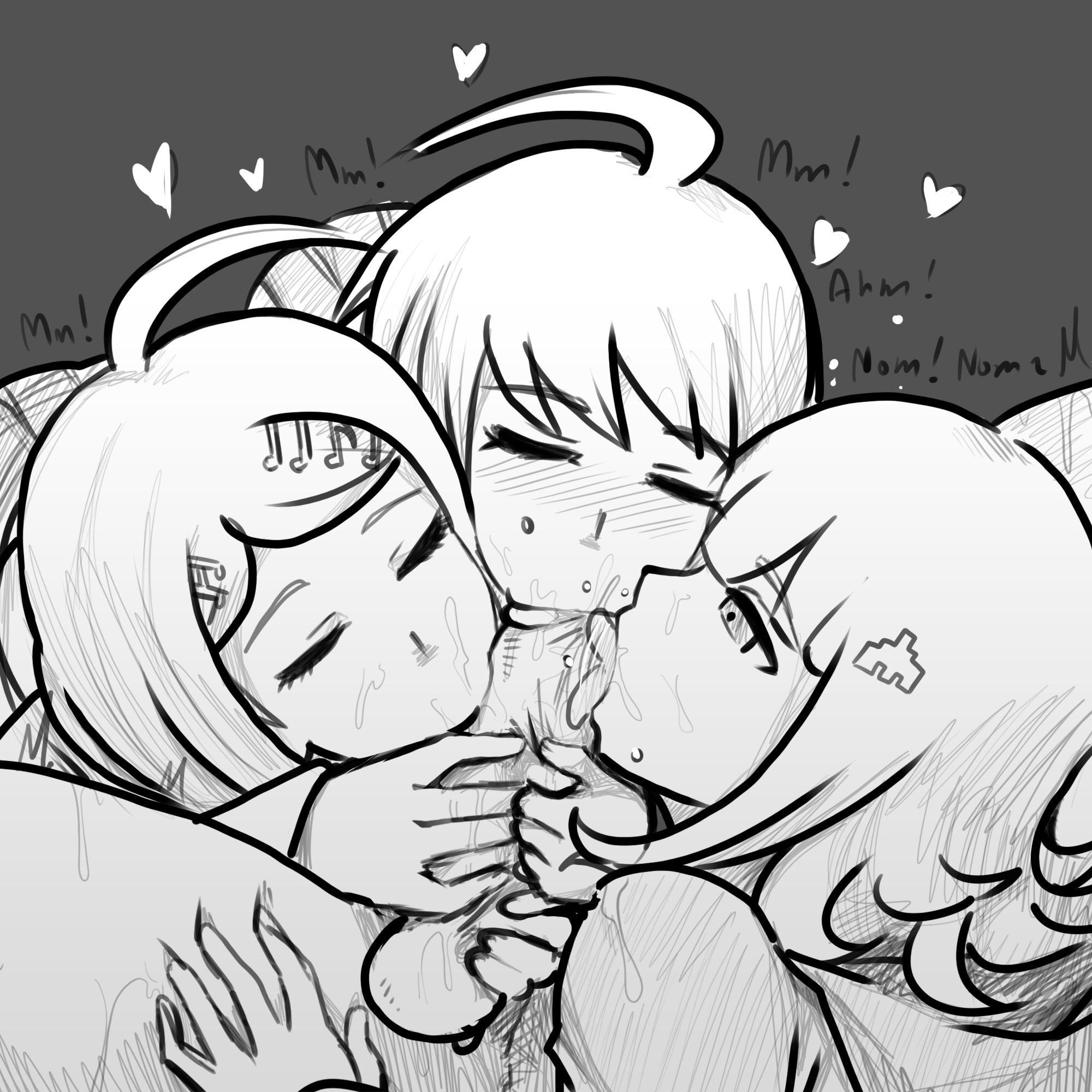 1boy, 3girls, adorable, akamatsu kaede, collaborative fellatio, danganronpa, danganronpa 2: goodbye despair, danganronpa ultra despair girls, danganronpa v3, eyes closed, fellatio, female, foursome, heart, licking, licking penis, male, mosbles, multiple fellatio, multiple females, multiple girls, naegi komaru, nanami chiaki, oral, oral sex, penis, saliva, short hair, straight hair, teamwork, tongue, uncensored