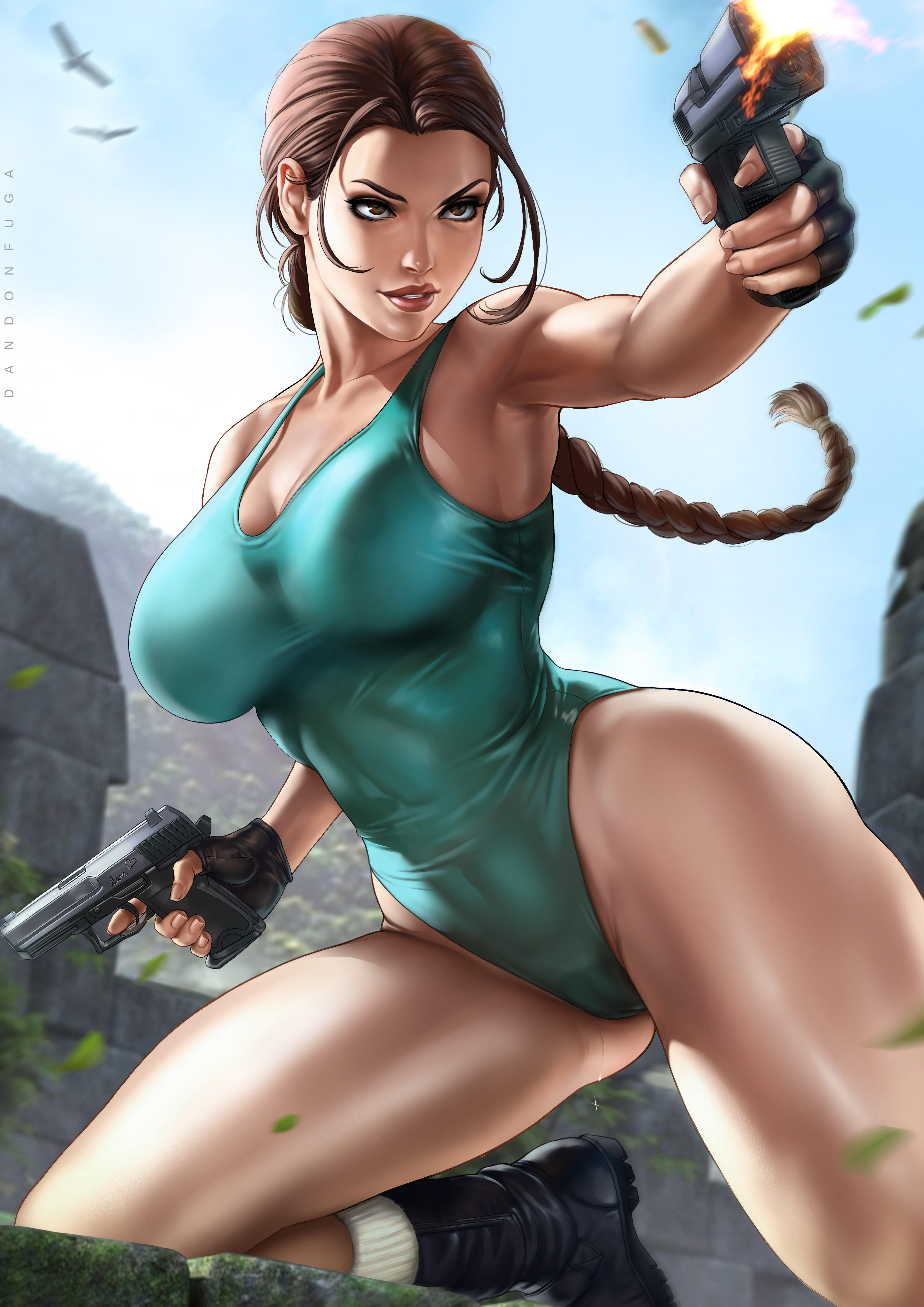 1girls, absurd res, armpits, breasts, brown hair, cameltoe, dandon fuga, female, female focus, female only, firearm, footwear, gun, handgun, handwear, highres, lara croft, lara croft (classic), large breasts, leotard, one-piece swimsuit, paid reward, patreon reward, pussy, pussy juice drip through clothes, solo, tomb raider, tomb raider (classic), weapon, wet pussy