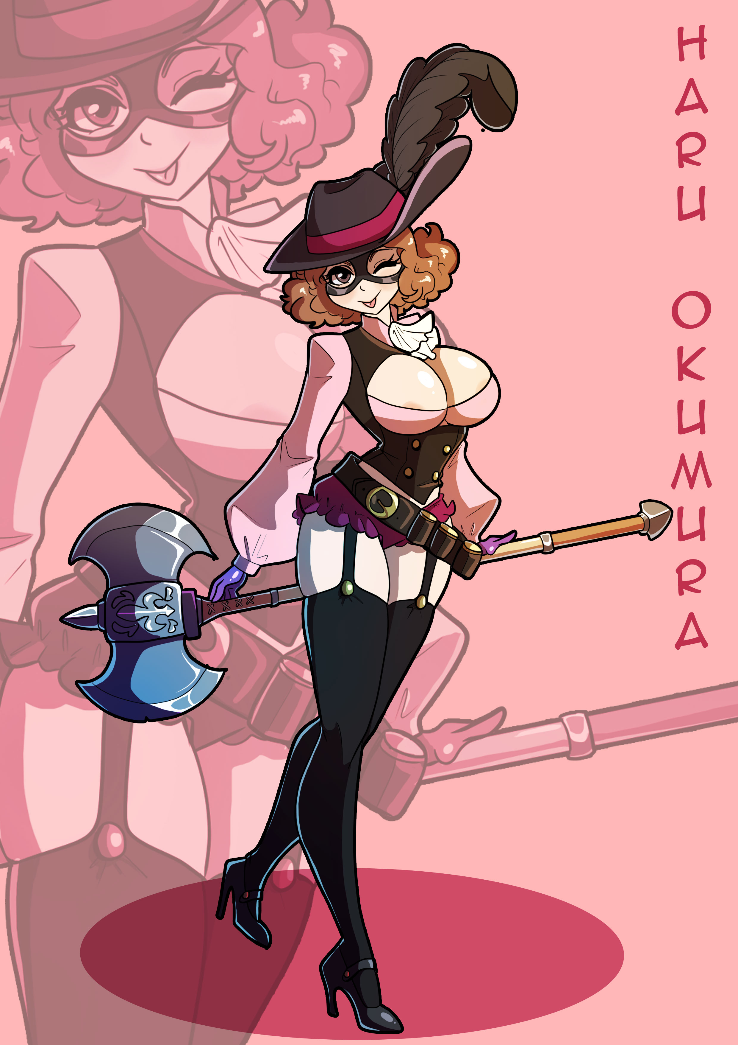 1girls, areola slip, axe, big breasts, breasts, female, fluffy hair, garter belt, haru okumura, hat, kinkymation, mask, persona, persona 5, phantom thief suit, thick thighs, tongue, tongue out, wink
