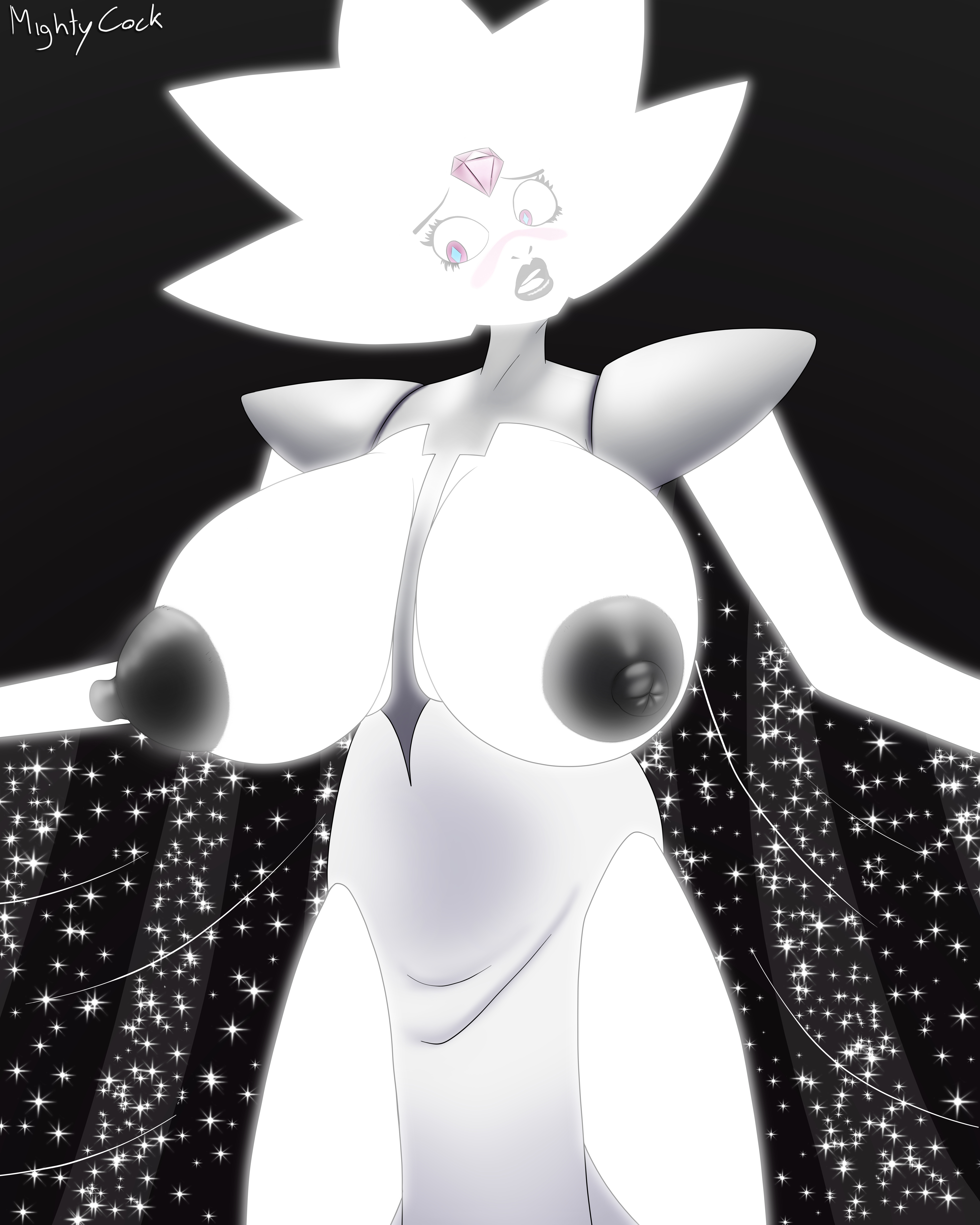 1girls, absurd res, areolae, artist name, big breasts, blushing, breasts, clothing, diamond authority, exposed breasts, female, female only, gem, gem (species), giantess, highres, large breasts, mightycock, milf, nipples, short hair, solo, steven universe, white diamond (steven universe), white hair, white skin
