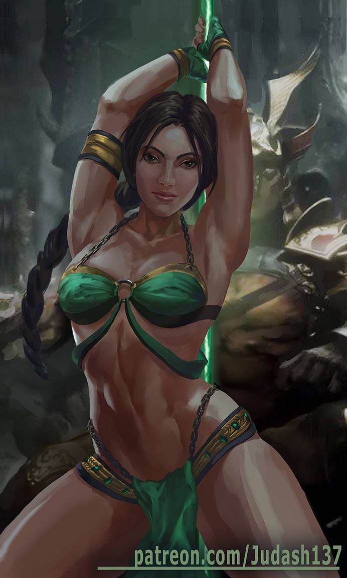 2d, armpits, arms up, bare arms, bare shoulders, bikini, black hair, bracelet, breasts, cleavage, clenched hands, closed mouth, collarbone, dark skin, earrings, fantasy, female, fighting stance, fingerless gloves, gloves, green eyes, jade (mortal kombat), jewelry, judash137, large breasts, long hair, looking at viewer, magic, mortal kombat, ponytail, skirt, smile, solo, staff, standing, swimsuit, thighs, toned, very long hair, weapon