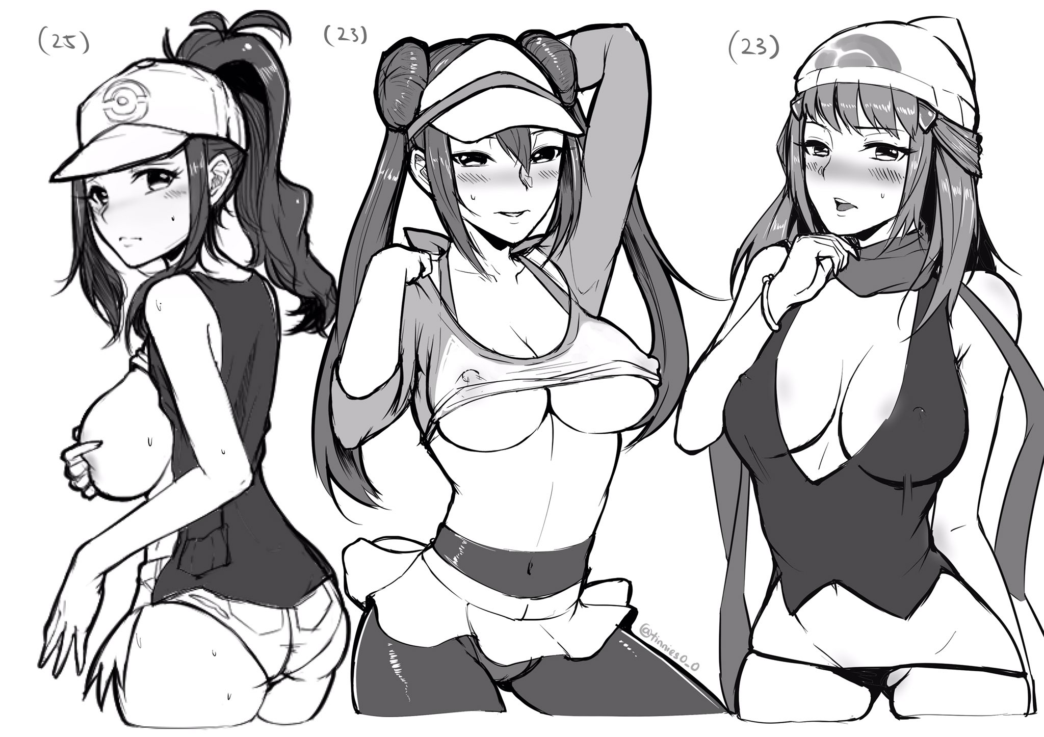 3girls, abs, aged up, alternate breast size, areolae, arm up, belly, belt, big breasts, blush, breasts, cameltoe, cleavage, clothed, covering breasts, dawn (pokemon), double bun, erect nipples, eye contact, female, female only, half-closed eyes, hat, hilda (pokemon), human, jacket, long hair, looking at viewer, looking back, midriff, monochrome, navel, nipples, open mouth, panties, pantyhose, pokemon, pokemon bw, pokemon bw2, pokemon dppt, ponytail, pose, pussy, rosa (pokemon), scarf, shirt, shorts, sideboob, sketch, skirt, standing, sweat, text, thin waist, tinnies, twintails, underboob, watermark, white background