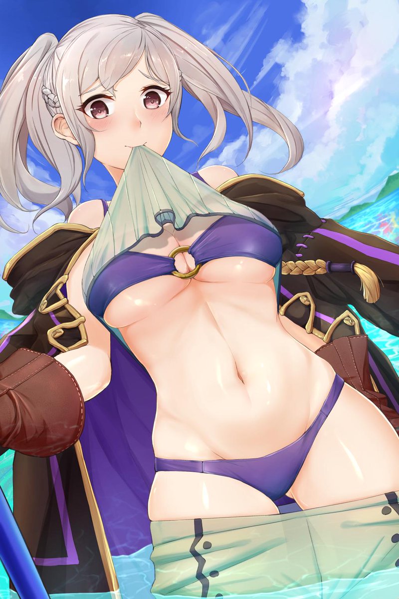 1girls 2019 bikini breasts cleavage coat female female_only fire_emblem fire_emblem_awakening fire_emblem_heroes gloves human ippers navel nintendo outdoors pants pants_down purple_bikini robin_(female)_(summer)_(fire_emblem) robin_(fire_emblem) robin_(fire_emblem)_(female) shirt shirt_in_mouth solo swimsuit twintails water white_hair