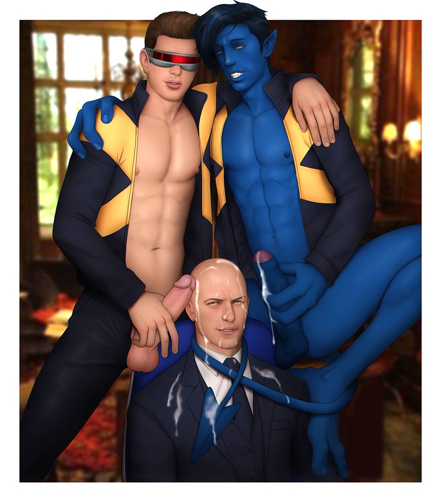 3boys abs arm_around_shoulders bald barbed_tail black_hair blue_skin bottomless brown_hair celebrity charles_xavier cum cum_dripping cum_on_clothes cum_on_face cum_on_head cum_on_tail cyclops_(x-men) drawnpr0n eight_pack erect_nipples erection exposed_nipples eyes_rolled_up gay group_sex half-closed_eyes holding_penis homo_superior james_mcavoy kurt_wagner male male_only marvel marvel_comics mutant necktie nightcrawler open_jacket orgasm_face partially_retracted_foreskin pecs penis penis_out penis_size_difference pointed_ears scott_summers suit tail_around_neck three_fingers three_toes threesome uncensored unimpressed unzipped_bodysuit visor x-men yaoi