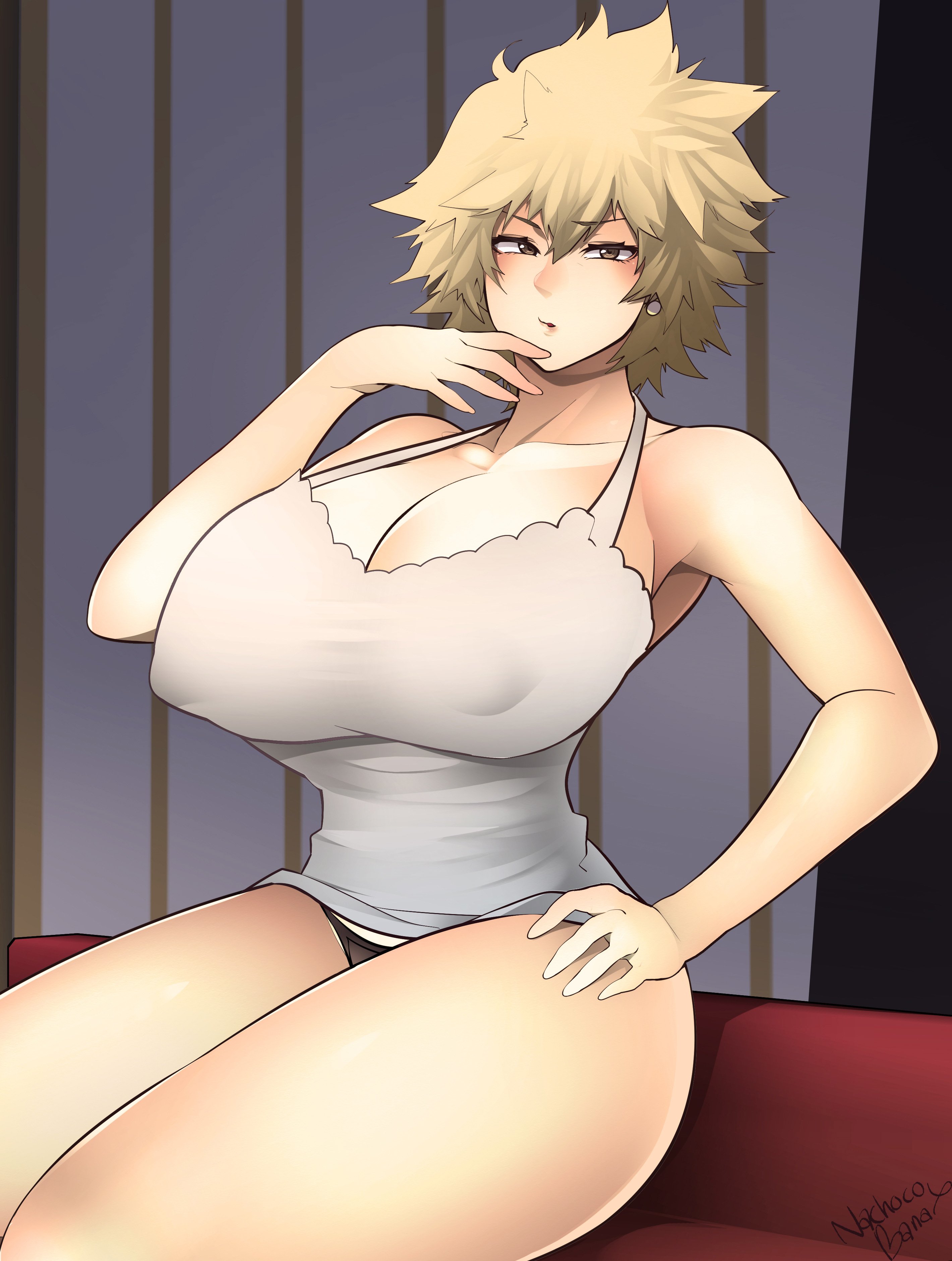 1girls, big breasts, black panties, bottomless, breasts, cleavage, erect nipples, female, female only, large breasts, light skin, light-skinned female, looking at viewer, mature female, milf, mitsuki bakugou, mother, my hero academia, nachocobana, nipples, no pants, panties, solo, thick thighs