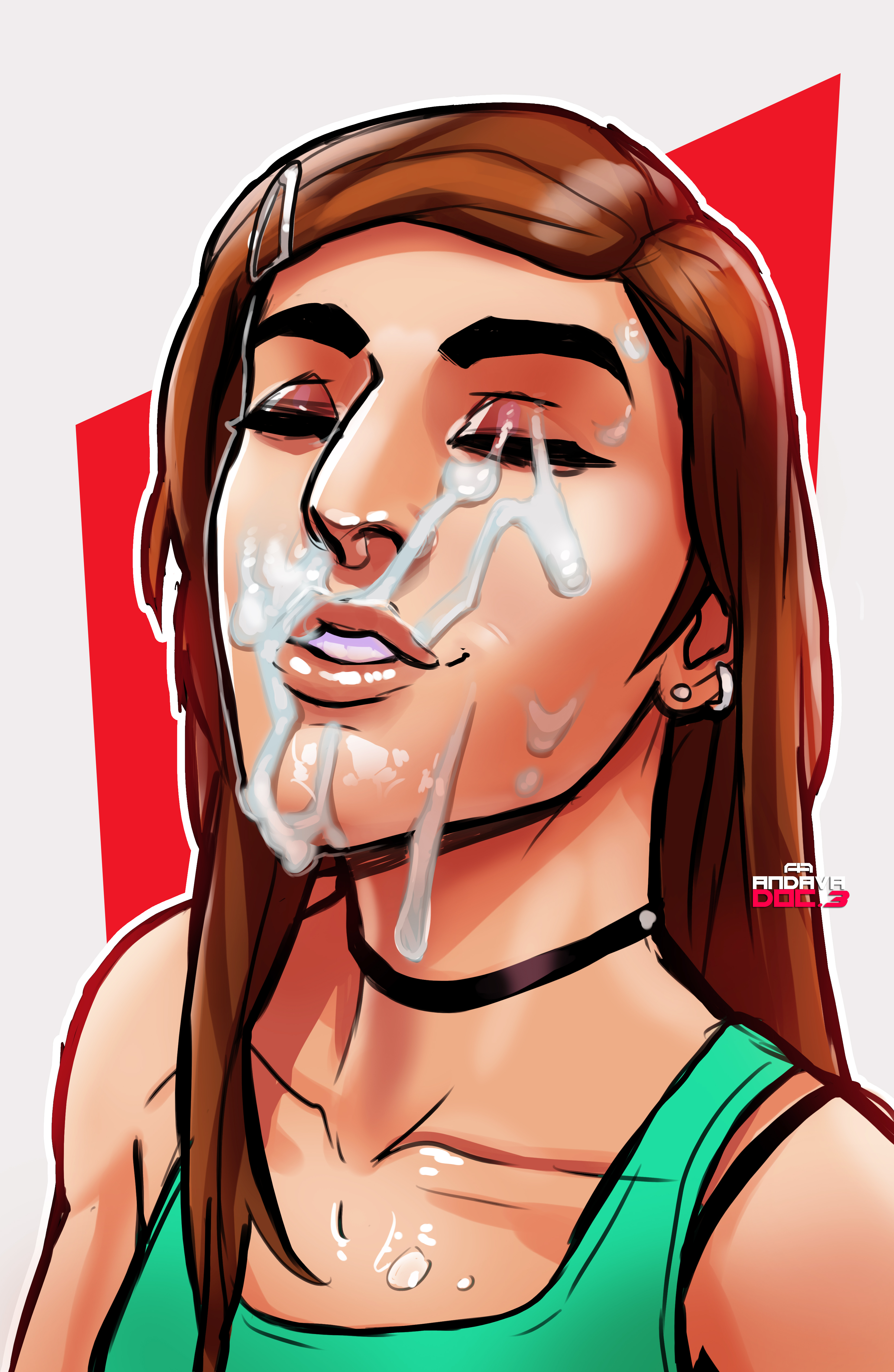 1girls, 2d, 2d (artwork), andava, andavaverse, aquiline nose, brown hair, closed eyes, clothing, cum, cum on face, erica andreyko, facial, female, female only, hair, long hair, prominent nose, smile, solo, watermark