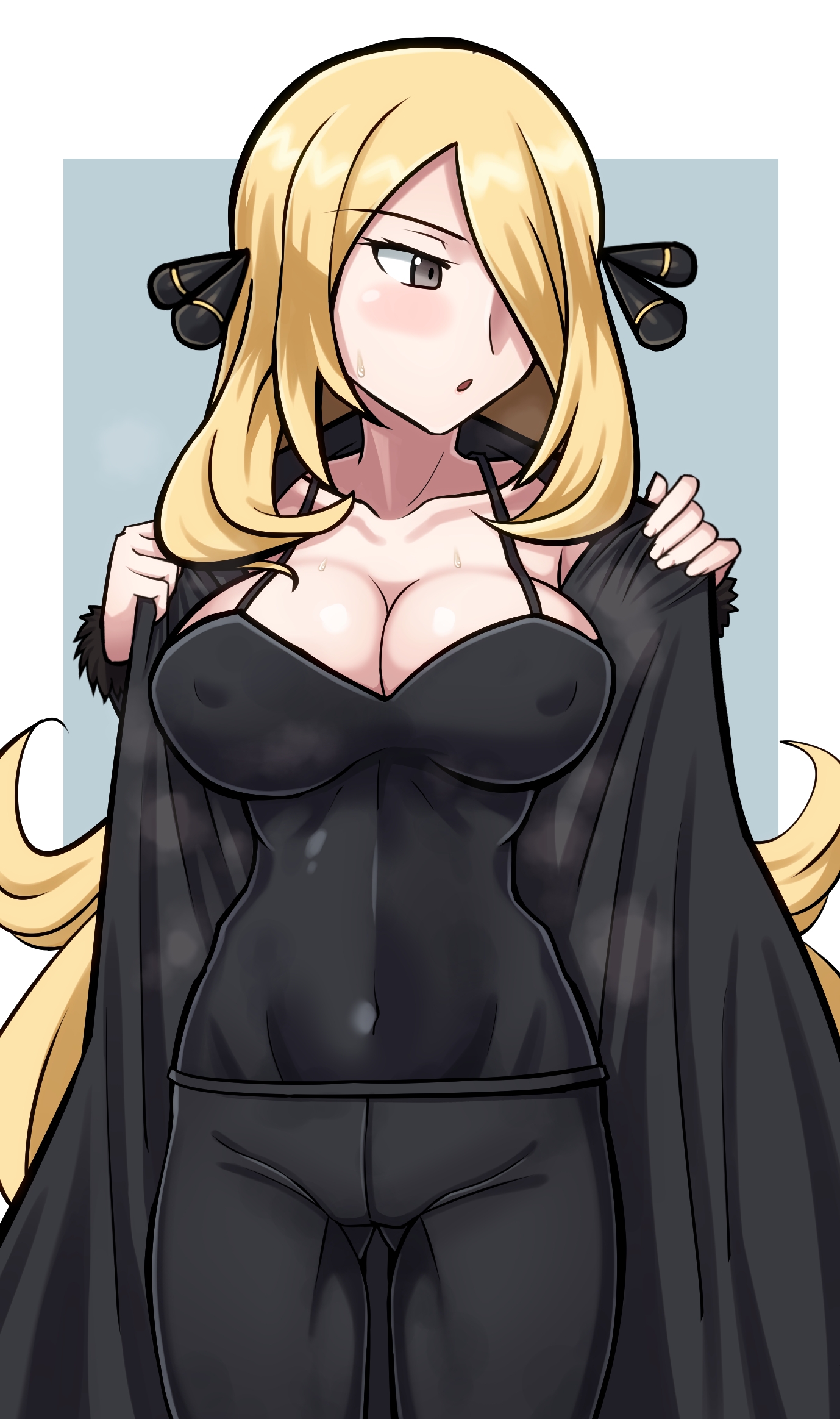1girls, abs, armpits, artist request, bare shoulders, belly, big breasts, black shirt, blonde hair, blue background, blush, breasts, cleavage, clothed, clothed female, coat, cynthia (pokemon), female, fit, hair ornament, hair over one eye, half-closed eyes, impossible clothes, long hair, looking away, navel, nintendo, open mouth, pants, pokemon, pokemon dppt, pose, shirt, skin tight, smell, standing, sweat, tank top, thigh gap, white border