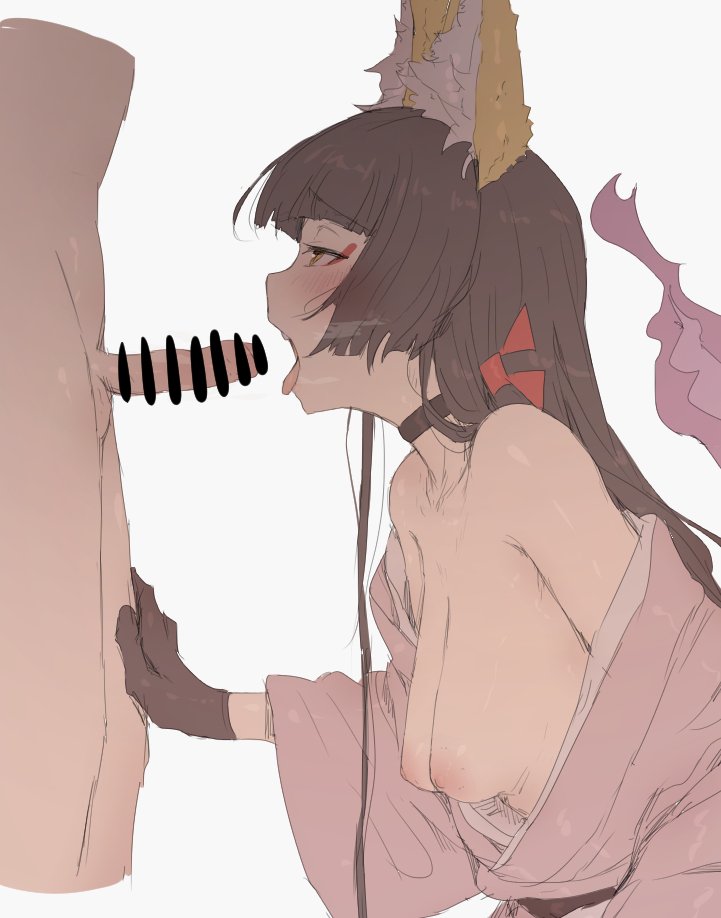 1boy animal_ear_fluff animal_ears bangs bare_shoulders breasts brown_choker brown_gloves brown_hair censored choker collarbone eyebrows_visible_through_hair female fox_ears fox_girl_(mdf_an) fox_tail gloves japanese_clothes kimono long_hair mdf_an medium_breasts nipples open_mouth original penis pink_kimono profile simple_background small_penis tail tongue tongue_out white_background yellow_eyes