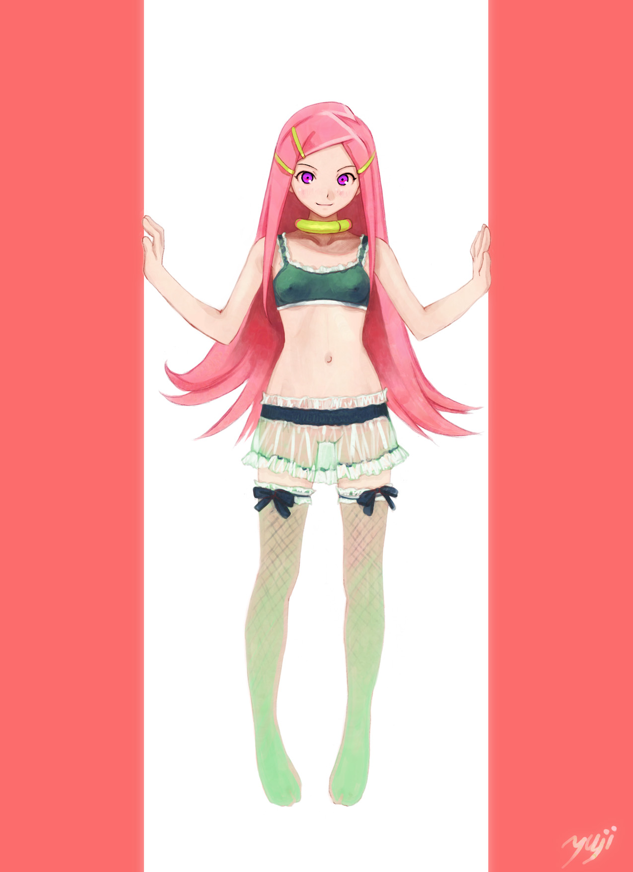 anemone_(eureka_seven) black_socks eureka_seven eureka_seven_(series) fishnet_socks fishnet_thighhighs gradient_socks green_socks highres kobayashi_yuji kobayashi_yuuji lingerie no_panties pink_hair socks solo thigh_socks thighhighs underwear