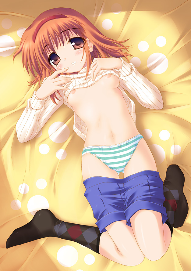 1girls ayu_tsukimiya bed blue_panties blush breasts brown_eyes brown_hair female footwear hairband kanon kouzuki_hajime lying nipples no_bra on_back panties pants_pull shirt_lift shorts shorts_pull socks solo striped striped_panties thigh_gap thighs tsukimiya_ayu underwear