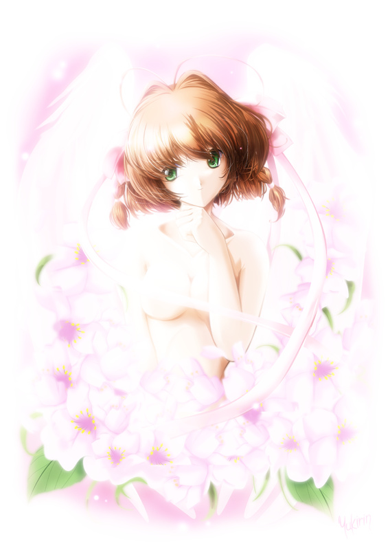 braid breasts brown_hair flower green_eyes hair_ribbon hair_ribbons haruka_suzumiya kimi_ga_nozomu_eien nude ribbon ribbons suzumiya_haruka twin_braids wings yukirin