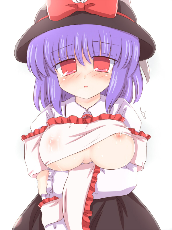 1girls arm_grab bangs blue_hair blush bow bowtie breast_hold breasts bust d: empty_eyes erect_nipples female frown hat hat_bow huge_breasts iku_nagae lactation large_breasts looking_at_viewer milk nipples no_bra nose_blush open_mouth purple_hair red_eyes ribbon ribbons ry see-through shawl shirt shirt_lift short_hair simple_background skirt solo tear tearing_up touhou white_background