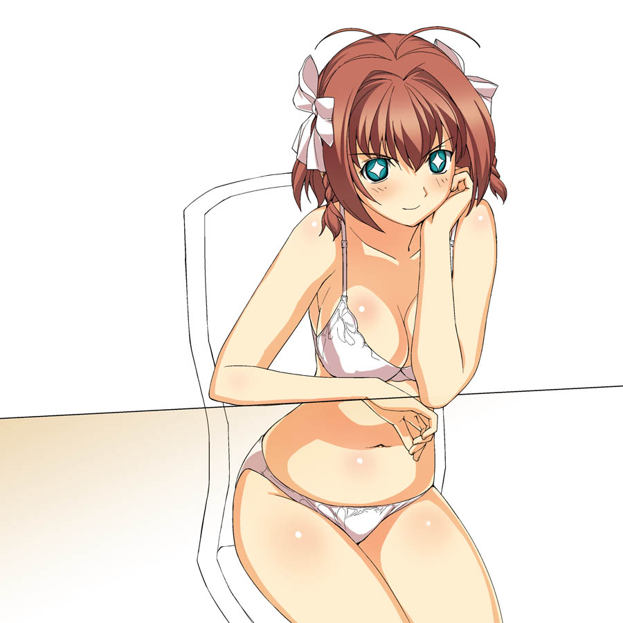 +_+ a1 blue_eyes bra breasts brown_hair chair chin_rest cleavage female haruka_suzumiya kimi_ga_nozomu_eien lingerie panties ribbon ribbons see-through short_hair sitting smile suzumiya_haruka underwear underwear_only white_panties