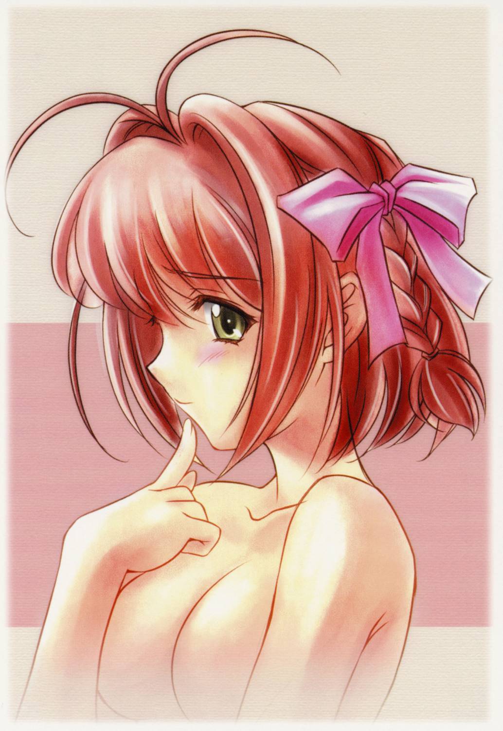 blush braid breasts hair_ribbon haruka_suzumiya highres kimi_ga_nozomu_eien nude pink_hair ribbon scan short_hair suzumiya_haruka