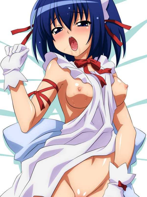 blue_eyes blue_hair blush bottomless bow breasts choker dakimakura gloves hairband kokubunji_koyori koyori_kokubunji lying maid naked_apron nipples nurse_witch_komugi nurse_witch_komugi-chan open_mouth ribbon saliva sugimura_tomokazu sweat tongue uncensored