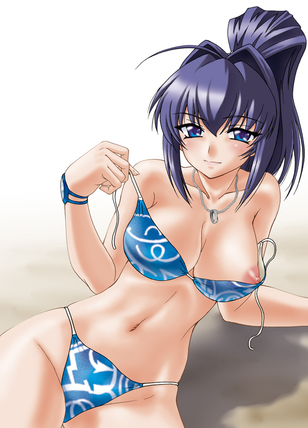 1girls bikini breasts female hayase_mitsuki kimi_ga_nozomu_eien misnon_the_great mitsuki_hayase nipple_slip nipples pointy_chin ponytail solo swimsuit tied_hair