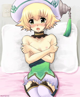 .hack .hack//g.u. 1girls atoli bed blonde_hair blush choker covering embarrassed female flat_chest hat lowres mono96 open_mouth pillow pointy_chin short_hair sitting skirt solo thighhighs topless yellow_eyes