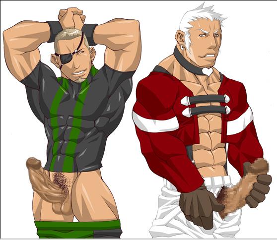 2boys artist_request bara black_eye_patch blank_background blonde blonde_hair chin_beard erect erect_penis erection eye_patch gay handband human king_of_fighters male male_only muscle pants pants_down penis pubic_hair ramon_(kof) simple_background snk tagme testicles video_games white_background white_hair white_pants white_pubic_hair yaoi yashiro_nanakase