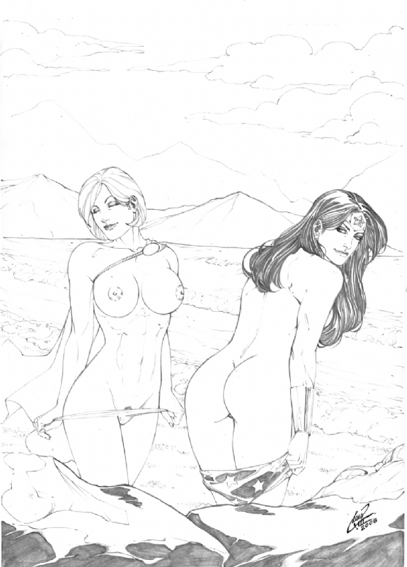 2008 2girls ass beach breasts dc_comics female female_only justice_league kara_zor-l karen_starr louisxiii monochrome multiple_girls power_girl superman_(series) tiara wonder_woman wonder_woman_(series)