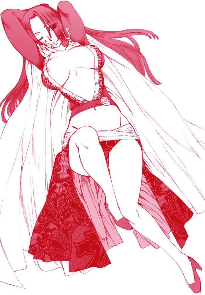 boa_hancock breasts cape cleavage earrings epaulettes female female_only hanzaki_jiro hanzaki_jirou high_heels long_hair midriff monochrome nipple_slip nipples one_piece red_theme shoes side_slit solo straight_hair wink