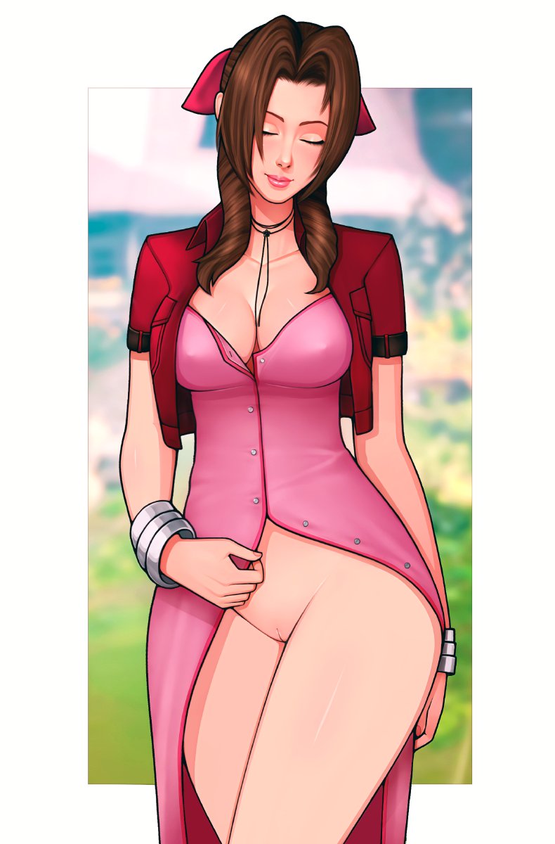 1girls, aerith gainsborough, bottomless dress, brown hair, cleavage, cleft of venus, closed eyes, clothed, cowboy shot, female, female only, final fantasy, final fantasy vii, flashing pussy, innie pussy, lipstick, loodncrood, no panties, outside border, pussy, smile, solo, standing, uncensored, white border