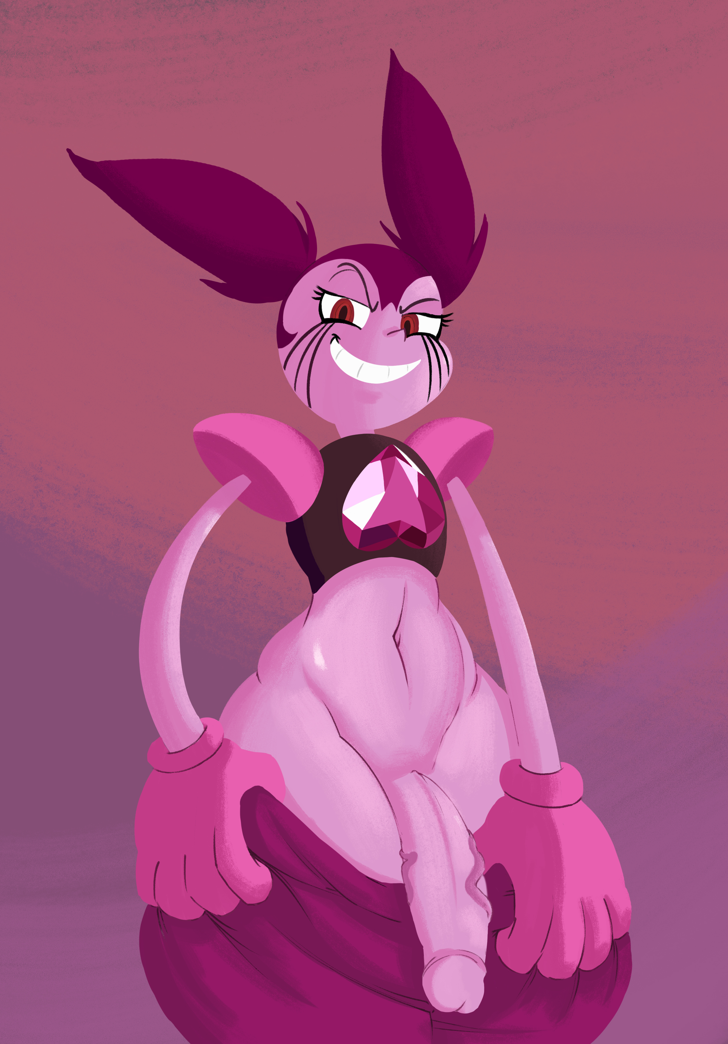 anthro, big penis, dickgirl, futanari, grin, hi res, highres, intersex, no source, penis, pink hair, pink skin, presenting penis, pulling down pants, red eyes, smirk, solo, solo futa, spinel (steven universe), steven universe, steven universe: the movie, unknown artist