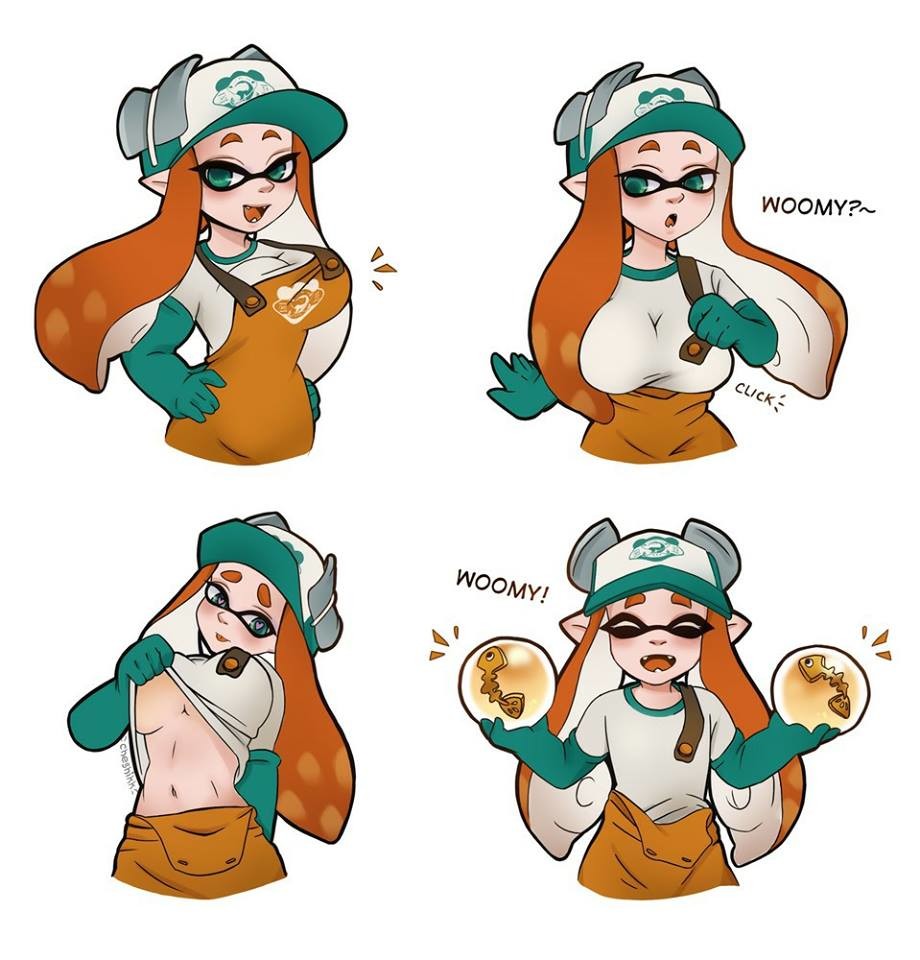 <3 1girls breast_padding cap cheshikk clothing eye_contact fake_breasts female female_only gloves green_eyes green_gloves heart-shaped_pupils inkling inkling_girl looking_at_viewer nintendo shirt_lift small_breasts splatoon squid_girl tentacle_hair tongue tongue_out tricked underboob white_background