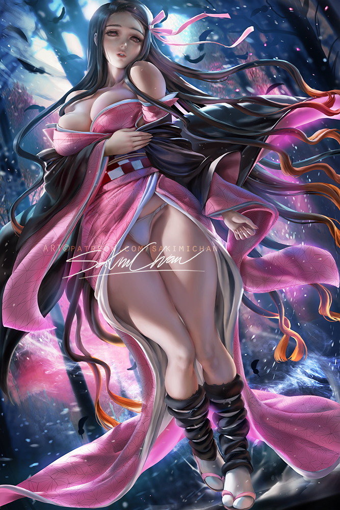 1girls, aged up, breasts, cleavage, clothed, clothing, demon, demon slayer, demoness, detailed, detailed background, female, female only, fundoshi, haori, kamado nezuko, kimetsu no yaiba, kimono, long hair, long legs, looking at viewer, obi, panties, realistic, sakimichan, solo