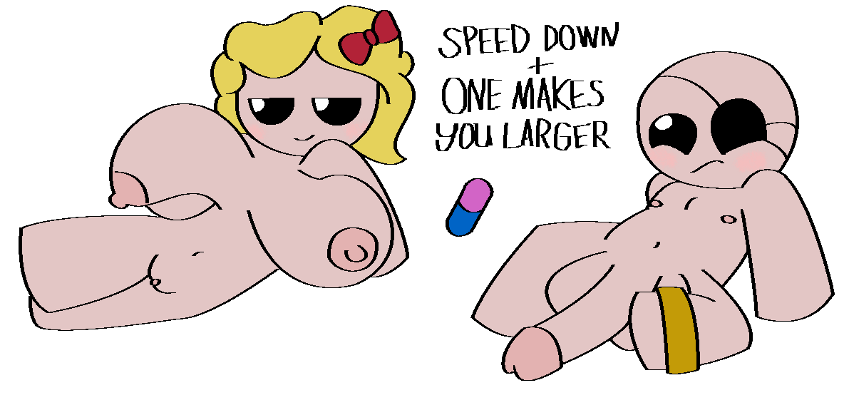 blonde_hair blush bow cain_(the_binding_of_isaac) clitoris eyepatch female huge_breasts huge_cock magdalene_(the_binding_of_isaac) nipples pill smile text the_binding_of_isaac vagina