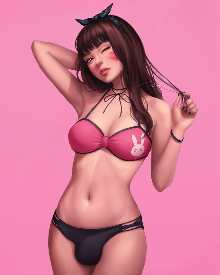 1futa arm_behind_head bandana bare_midriff bikini bikini_bottom bikini_top bracelet brown_eyes brown_hair bulge d.va dickgirl edit futa_only futanari hair headband intersex long_hair overwatch pink_background solo standing thong twirling_hair umigraphics wink