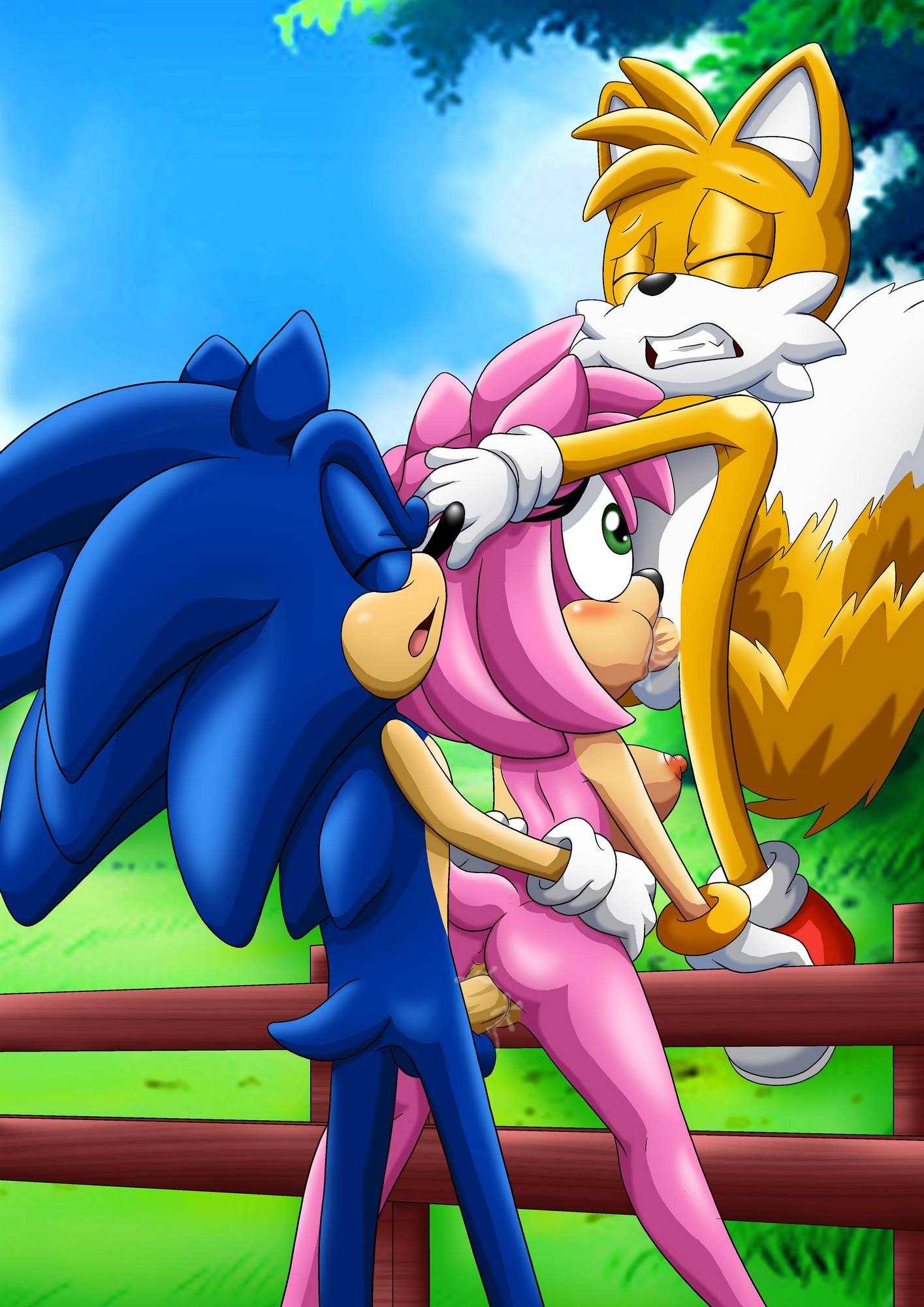 1girls, 2boys, amy rose, bbmbbf, blue fur, blue hair, breasts, closed eyes, cum, cum in pussy, cum inside, fellatio, female, grabbing, green eyes, male, mobius unleashed, oral, palcomix, penis, pink fur, pink hair, pussy, sega, sex, sonic (series), sonic the hedgehog, sonic the hedgehog (series), spitroast, tails, tails the fox, vagina, vaginal penetration, wet, wet pussy, yellow fur, yellow hair