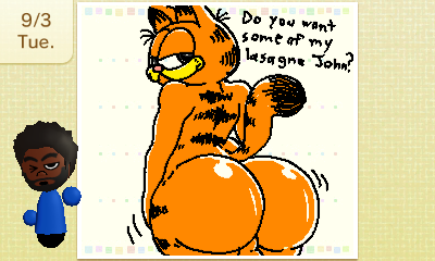 1boy 3ds ass backsack balls big_ass big_butt bubble_butt dated domestic_cat english_text feline garfield_(series) garfield_the_cat huge_ass kingjion looking_back male_only mammal mii motion_lines nintendo orange_fur pixel_art presenting presenting_hindquarters slightly_chubby smile solo swapdoodle text wide_hips