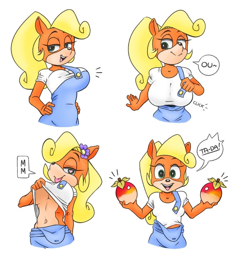 anthro, bandicoot, breast padding, breasts, coco bandicoot, fake breasts, female, laugh, marsupial, shirt lift, small breasts, smile, tagme, teasing, tricked, wumpa fruit