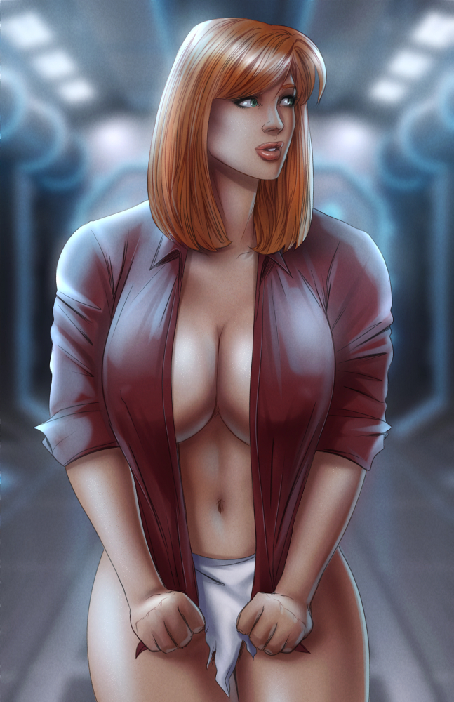 1girls big_breasts breasts busty caitlin_fairchild cleavage clenched_hands clothed curvy dc_comics erect_nipples erect_nipples_under_clothes female female_only gan_(artist) gen¹³ green_eyes huge_breasts human large_breasts metahuman nervous nipple_bulge nipples no_bra open_shirt orange_hair panties pink_lips pinup red_hair red_shirt shirt_tug solo standing thighs white_panties wildstorm