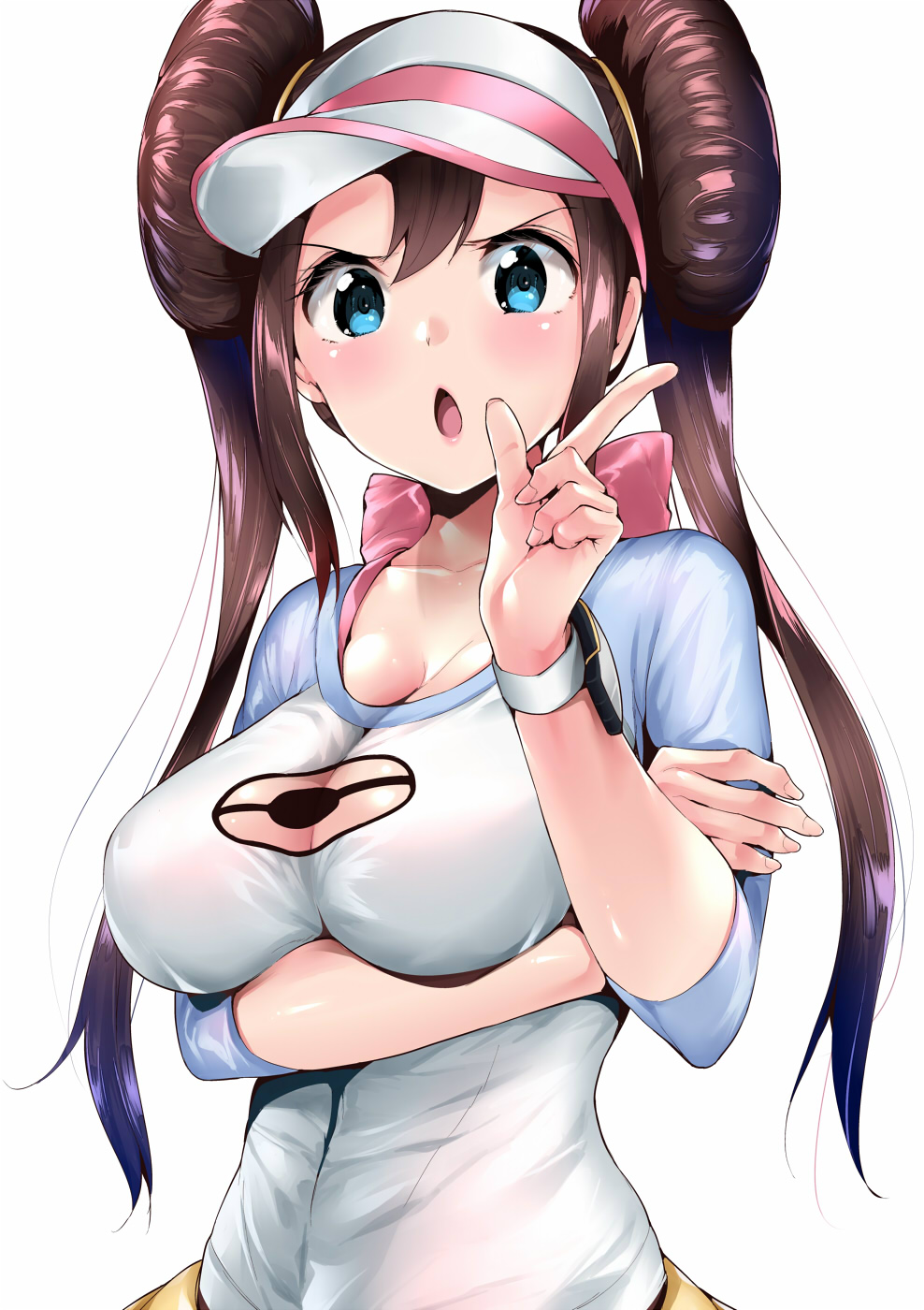 1girls, amasora taichi, arm under breasts, big breasts, blue eyes, blush, breasts, brown hair, cleavage, clothed, double bun, eye contact, female, female only, half-closed eyes, hat, human, large breasts, looking at viewer, open mouth, pointing, pokemon, pokemon bw2, rosa (pokemon), see-through, shirt, skirt, solo, thin waist, tongue, twintails, watch, wet, white background, wristwear