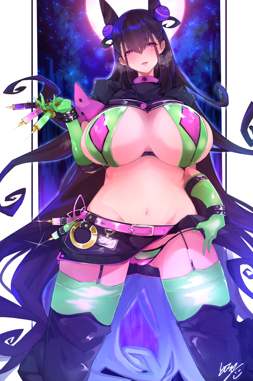 1girls, animal ears, belt, bikini, blush, bracelet, breasts, cameltoe, cosplay, covered nipples, fate (series), fate/grand order, female, florence nightingale (fate), florence nightingale (fate) (cosplay), holding syringe, large breasts, micro bikini, microskirt, miniskirt, murasaki shikibu (fate), navel, panties, pantyshot, pussy, revealing clothes, seductive, seductive smile, skirt, smile, solo, stomach, swimsuit, syringe, thighhighs, thighs, underwear