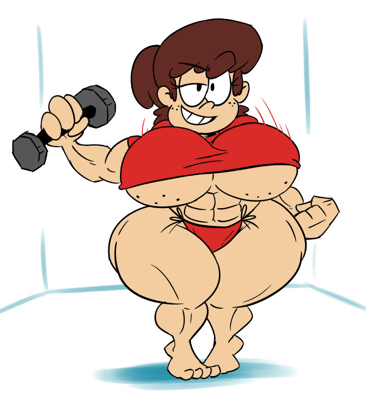 2018 abs aged_up big_breasts brown_hair female_focus fit_female freckles looking_at_viewer lynn_loud nickelodeon smug straight_hair supahstudiomann_(artist) sweetspicymann the_loud_house thick thick_thighs underboob weightlifting