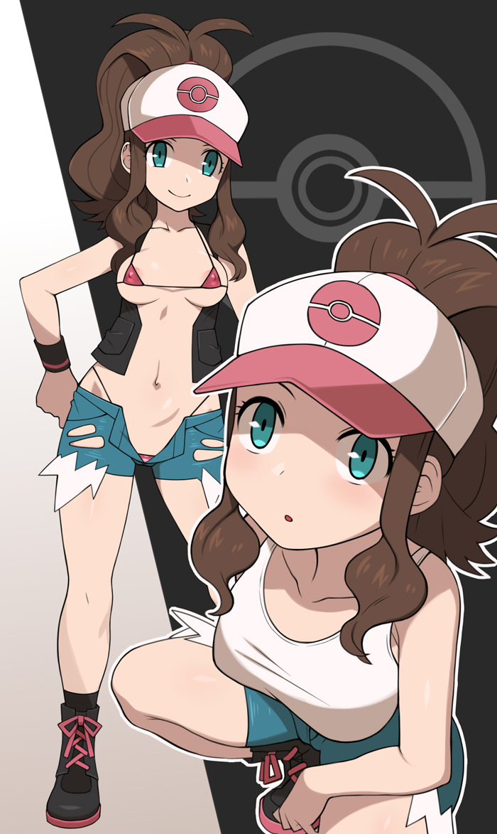 1girls, abs, areolae, armpits, belly, bikini, black background, blue eyes, boots, bra, breasts, brown hair, cleavage, denim, denim shorts, eye contact, eyelashes, female, female only, hand on hips, hilda (pokemon), human, jacket, laced boots, long hair, looking at viewer, looking up, navel, nintendo, nt00, open mouth, panties, panties visible, pink bikini, pokemon, pokemon bw, ponytail, pose, shirt, shoes, shorts, sideboob, smile, socks, solo, source deleted, source not archived, spread legs, squatting, standing, underboob, vest, white border