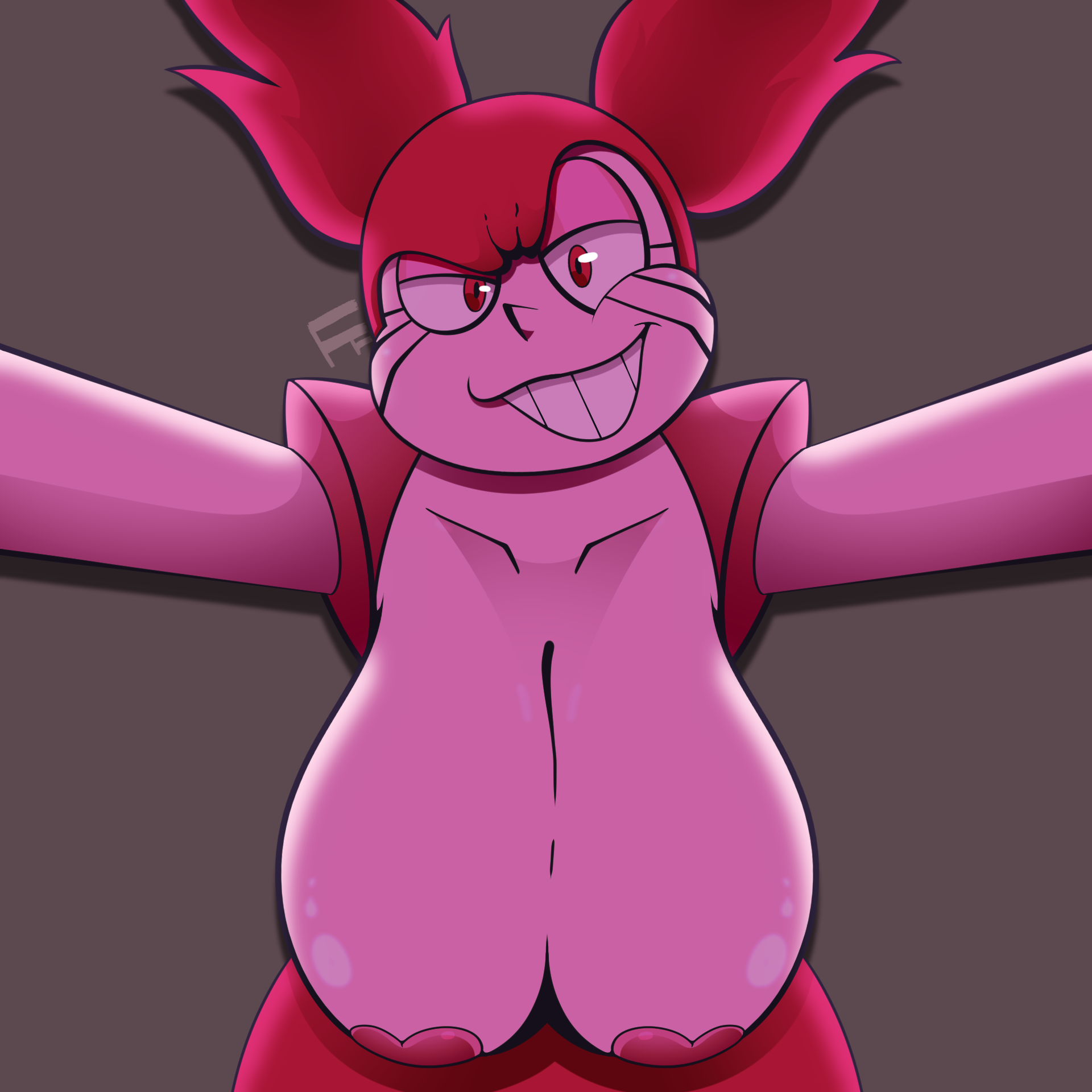 big breasts, breasts, cartoon network, covered nipples, female, female focus, female only, flashfigure, grin, hi res, highres, nipples, pink hair, pink skin, presenting breasts, red eyes, spinel (steven universe), steven universe