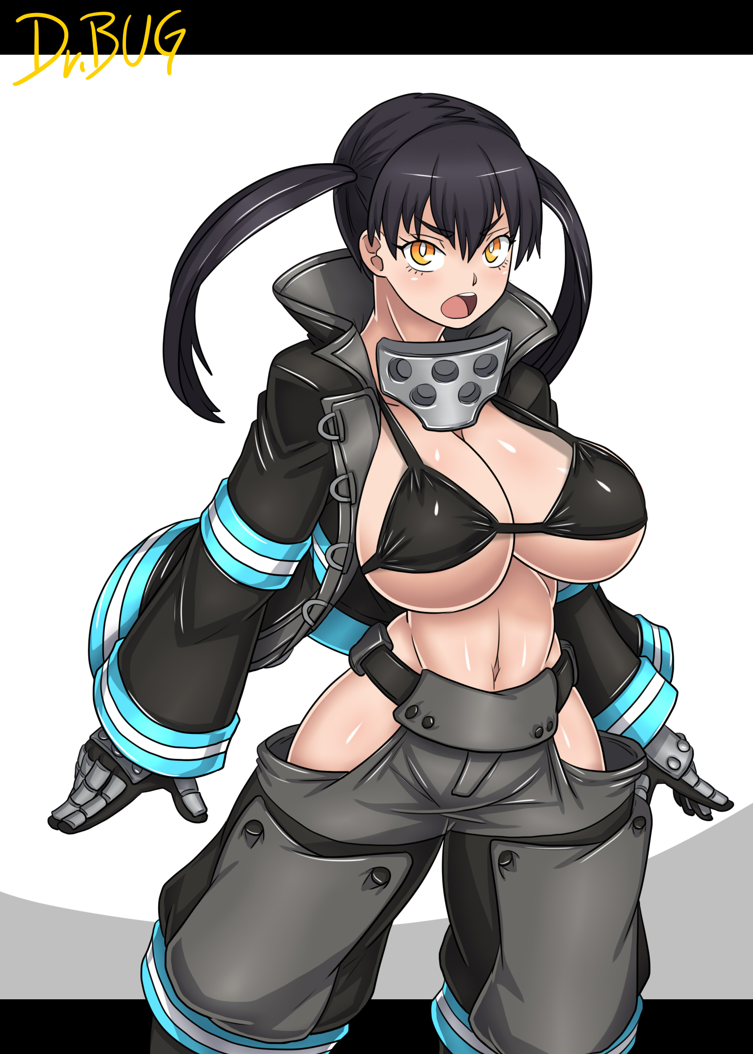 bikini top, black hair, breasts, dr.bug, enen no shouboutai, female, fire force, huge breasts, kotatsu tamaki, long hair, looking at viewer, open mouth